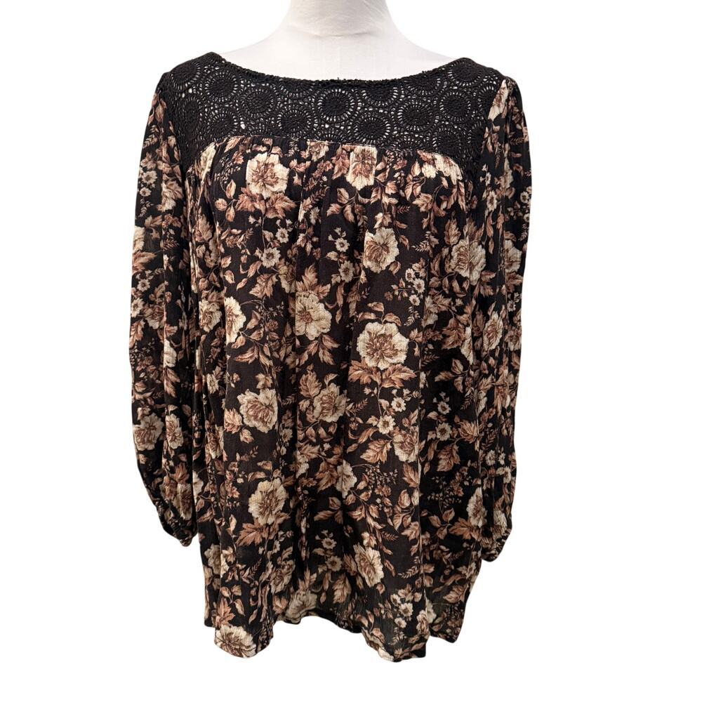 Denim & Supply Ralph Lauren Brown Floral Crochet Boho Peasant Top Large Folk
